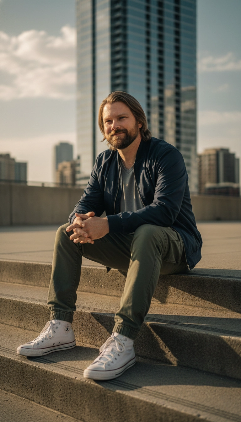 Sean Edgington smiling while sitting on some steps during the day