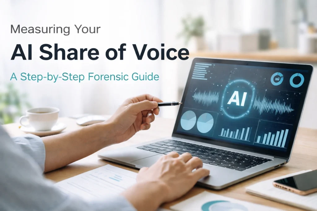 A person sitting at a laptop working with an ai representing a professional researching their Share of Voice