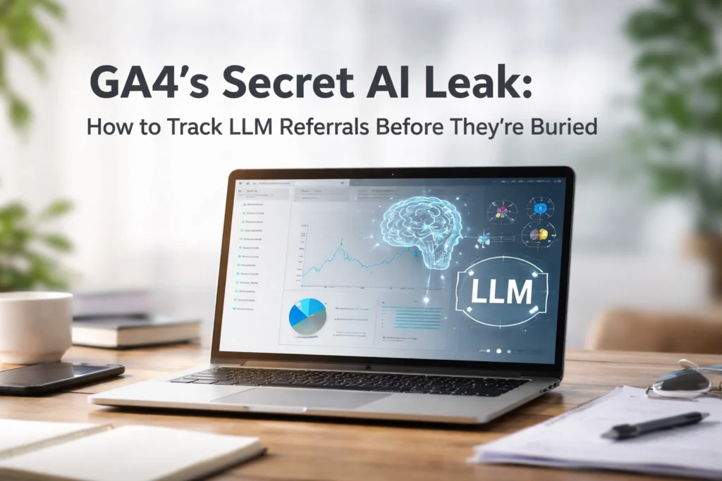 A laptop showing an LLM screen representing LLM traffic to a website being tracked by analytics