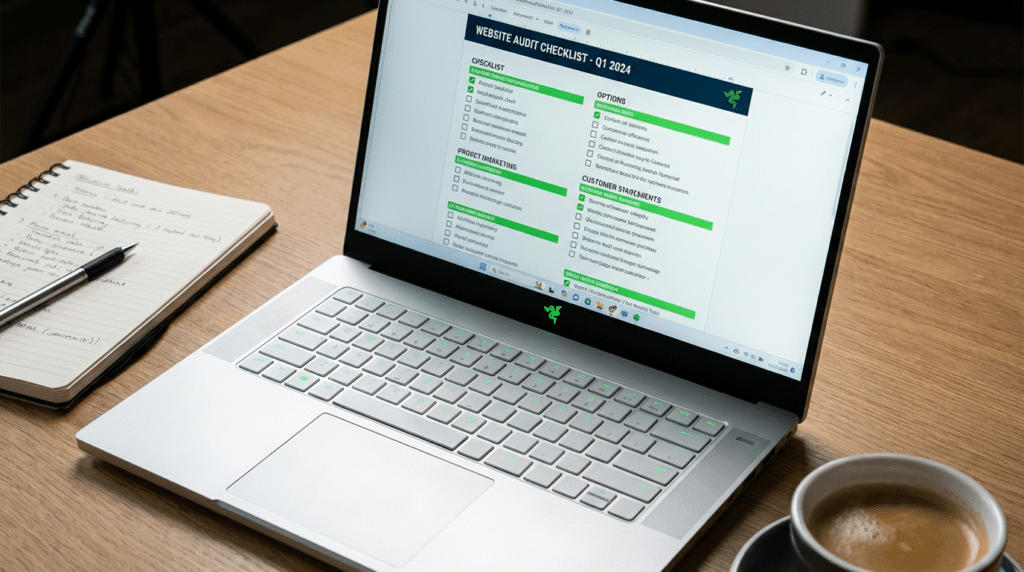 A website audit checklist on a 2020 Razer Blade Base silver metal