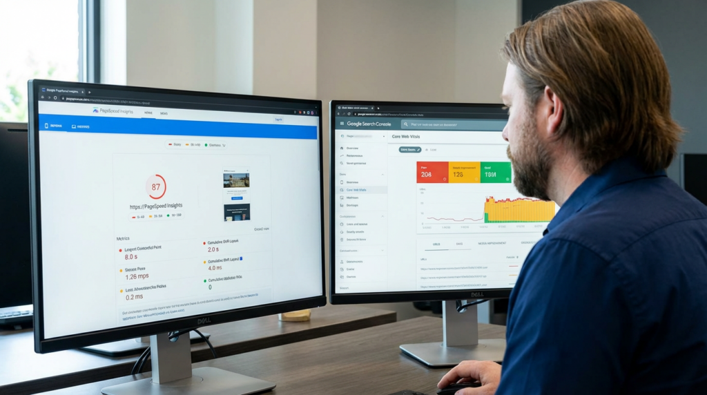 An SEO analyst reviewing both PageSpeed Insights and Core Web Vitals from Google Search Console