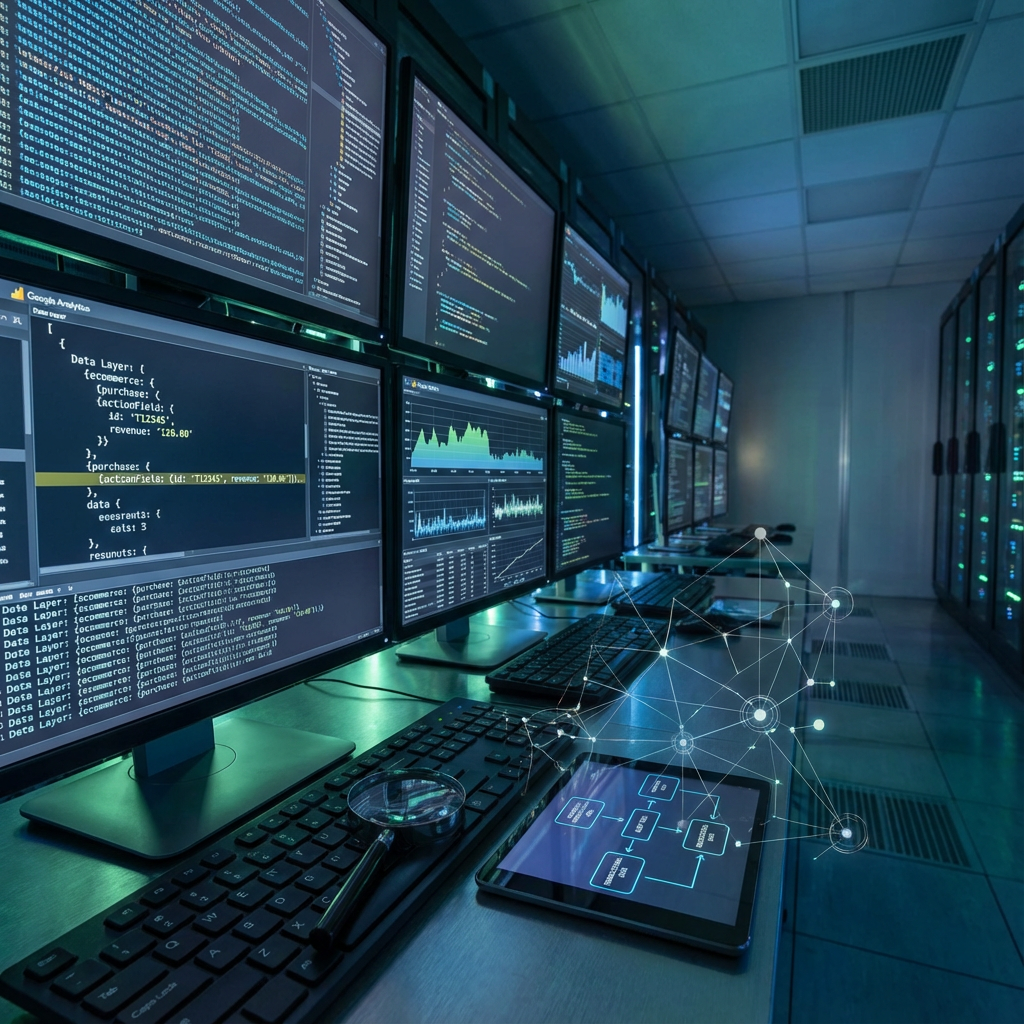 An image representing a forensic style data audit through the Google Analytics data layer in search of transactional data. 