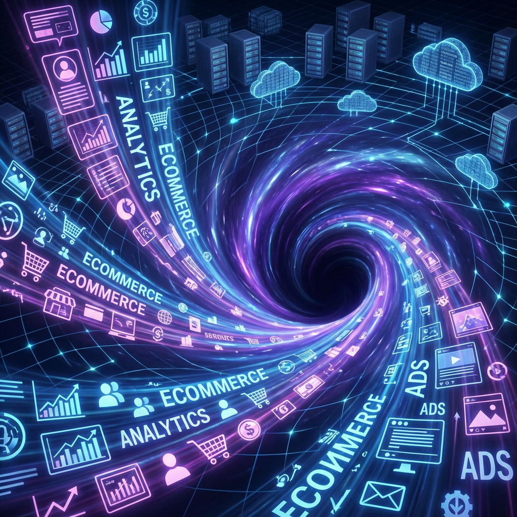 An image representing online data such as analytics, ecommerce, and ads being sucked into a digital black hole