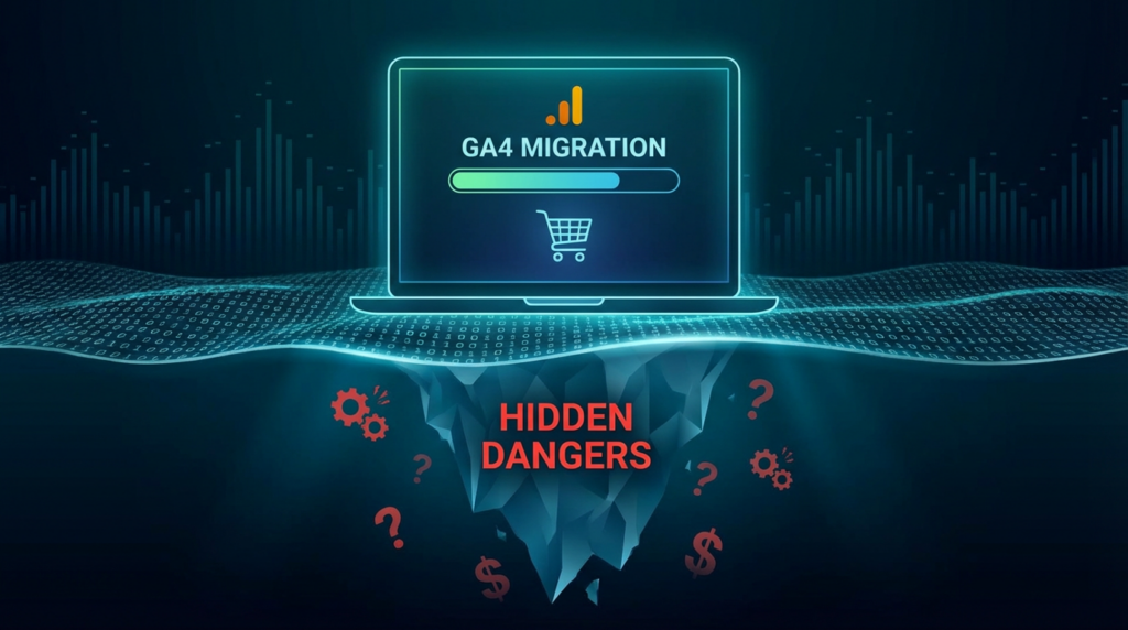 An image representing the hidden dangers of GA4 migrations for ecommerce