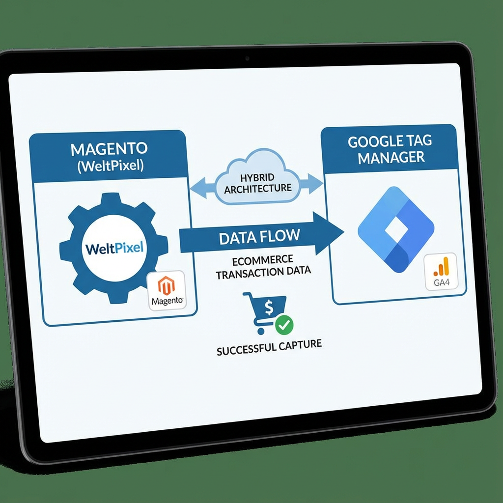 An image representing the hybrid architecture between the WeltPixel plugin for Magento and Google Tag Manager used to successfully capture ecommerce transaction data.