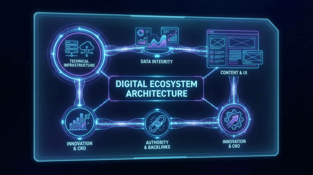 An image showing the technical infrastructure of a websites digital ecosystem artecture