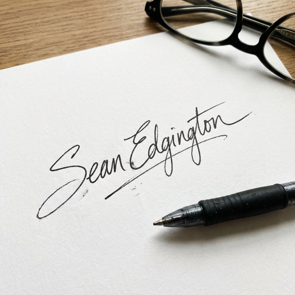 Sean Edgington signature on a white piece of paper using a black gel pen