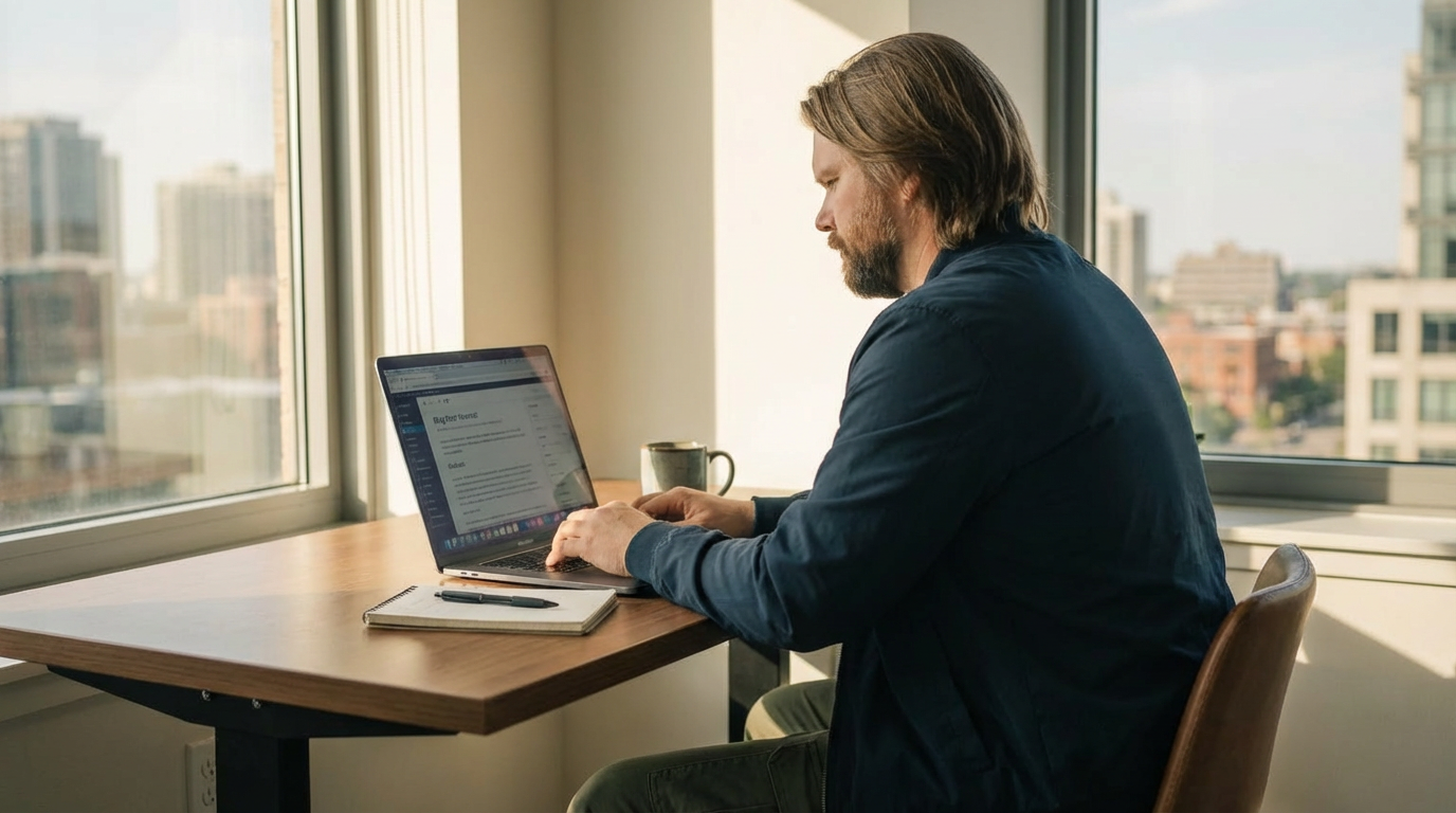 Sean Edgington sitting down at a desk writing a blog on a laptop