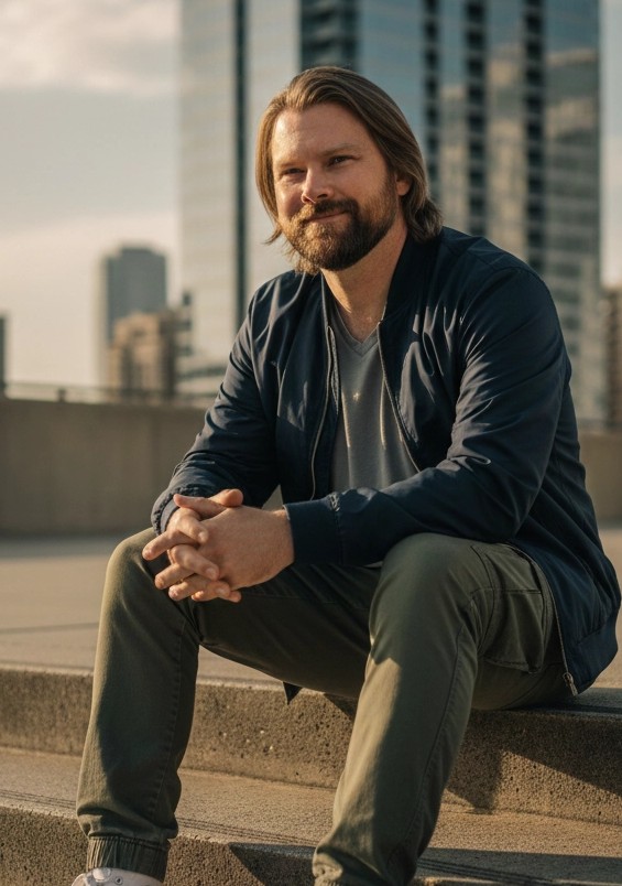 Sean Edgington smiling while sitting on some steps during the day