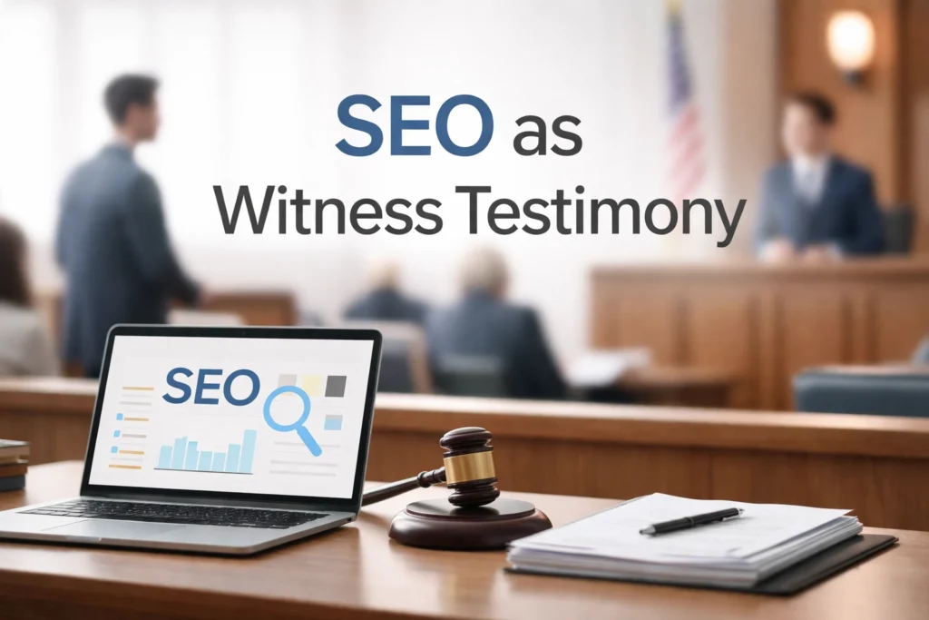 A courtroom depicting a scene where an expert witness is talking with a judge.  The expert witness represents content written for LLMs and the judge represents the Ai algorithm that cites relevant content.