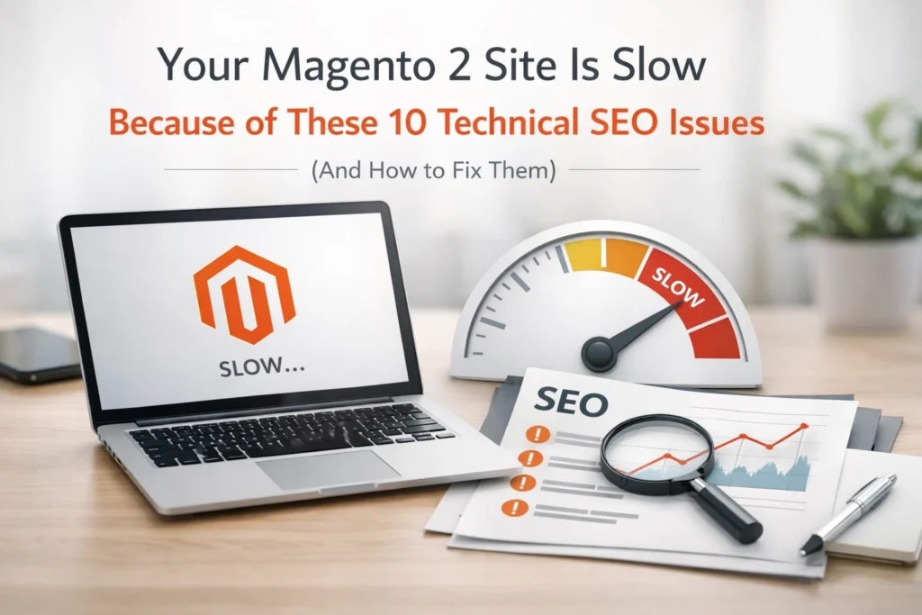 The image reads Your Magento 2 Site Is Slow Because of These 10 Technical SEO Issues